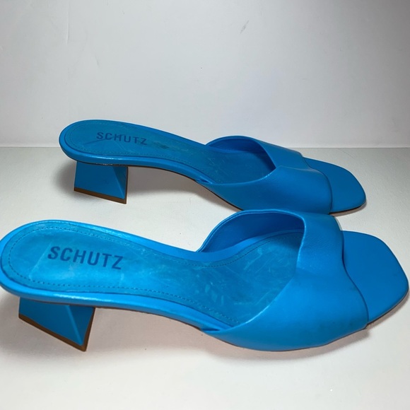 SCHUTZ Liza Lo Leather Azure Women's Vibrant Blue Heeled Slides - Picture 3 of 9